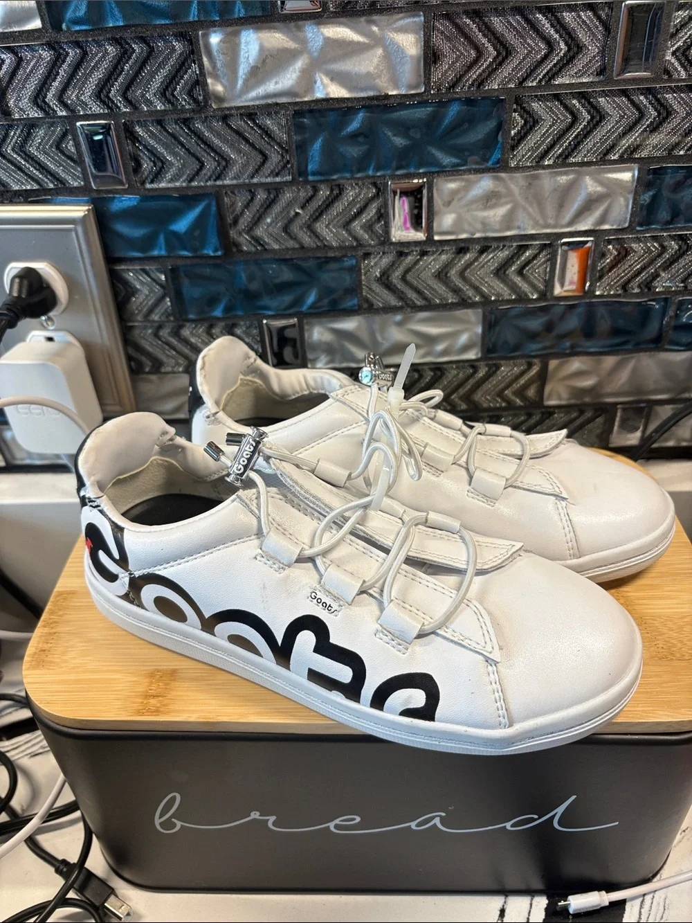 Kids White Sneakers with Black Logo Graphic